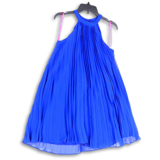 Womens Blue Sleeveless Halter Neck Pleated Back Zip Shift Dress Size 4 image number 1