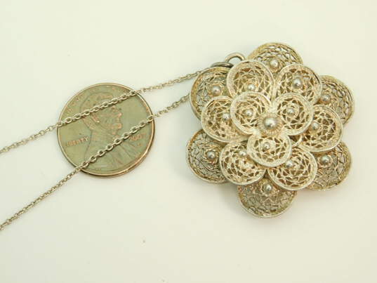 Vintage 925 Sterling Silver Floral Filigree Pendant Necklace On 835 Silver Chain 10.7g image number 4