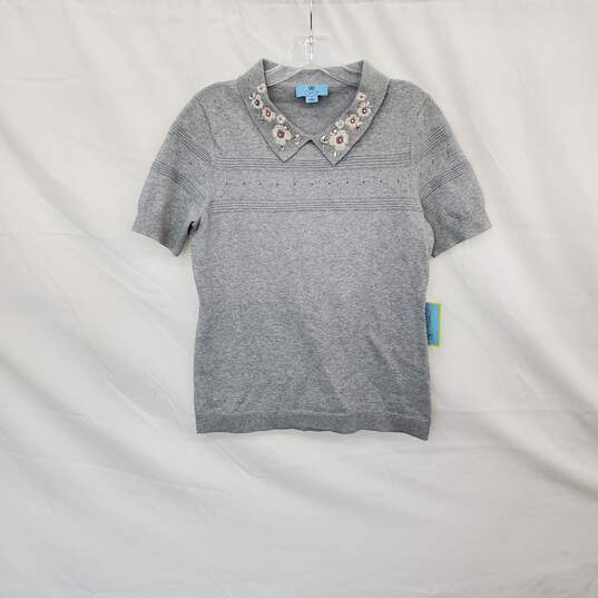 CeCe Gray Cotton Blend Embellished Collar Short Sleeve Top WM Size S NWT image number 1