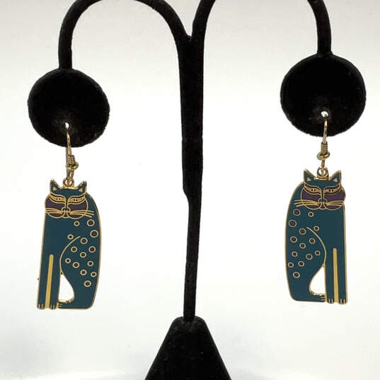 Designer Laurel Burch Gold-Tone Cat Turquoise Enamel Dangle Earrings image number 1