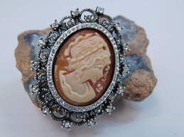 Amedeo Silver Tone Carved Shell Cameo Rhinestone Statement Ring 11.8g