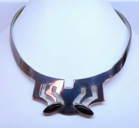 Vintage Sterling Silver Onyx Mexican Modernist Collar Necklace 55.7g image number 1