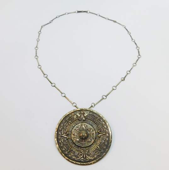 Vintage 925 EME Eagle 83 Signed Aztec Calendar Disc Brooch Necklace 25.8g image number 2