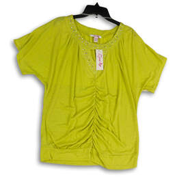 NWT Womens Yellow Embellished Round Neck Short Sleeve Blouse Top Size 14/16