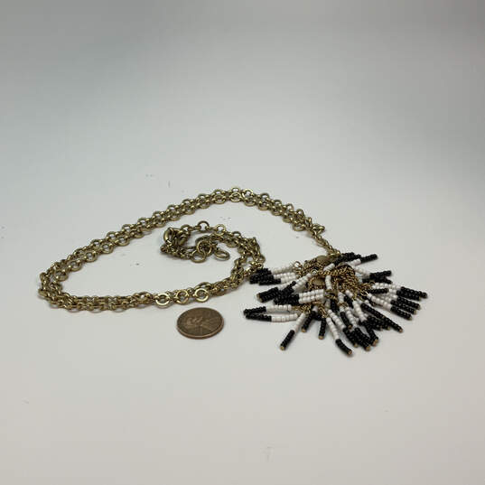 Designer J. Crew Gold-Tone Chain White Black Beaded Tassel Pendant Necklace image number 3