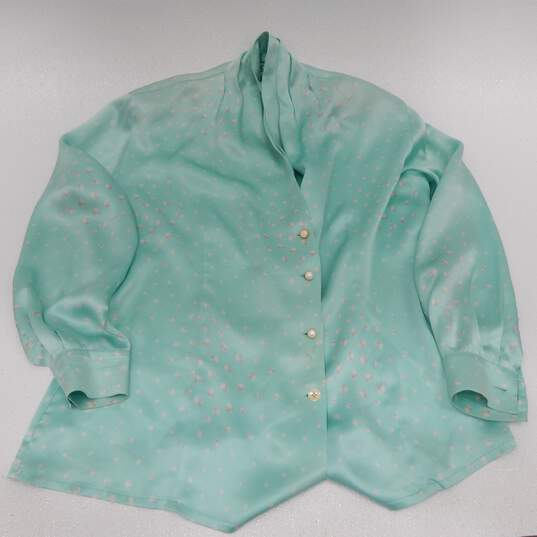 Escada by Margaretha Ley Aqua 100% Silk Faux Pearl Print And Buttons Long Sleeve Blouse (38) COA image number 3