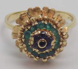 Vintage 14K Gold Sapphire & Emerald Brushed Textured Flower Dome Statement Ring 6.3g