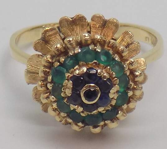 Vintage 14K Gold Sapphire & Emerald Brushed Textured Flower Dome Statement Ring 6.3g image number 1
