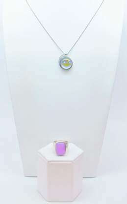 Artisan 925 Unique Glass Swirl Pendant Snake Chain Necklace & Amethyst Cabochon Wide Band Ring 20.9g alternative image