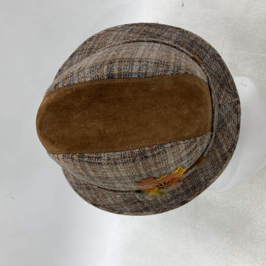 Womens Brown Gray Flower Plaid Round Belted Brim Fedora Hat Size 7 3/8 image number 5