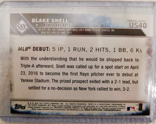 2016 Blake Snell Topps Rookie Debut Tampa Bay Rays image number 3