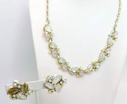 Vintage Coro Goldtone Aurora Borealis Glass Leaves & Rhinestones Paneled Collar Necklace & Matching Clip On Earrings Set 49.3g