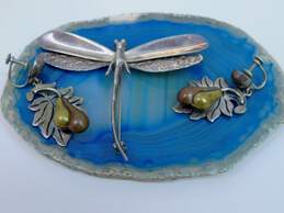 Taxco Mexico & Artisan 925 Dragonfly Bug Brooch & Copper & Brass Pears Fruit & Leaves Drop Screw Back Earrings 30g