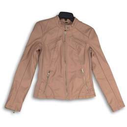 Womens Pink Leather Mock Neck Long Sleeve Full-Zip Biker Jacket Size Medium