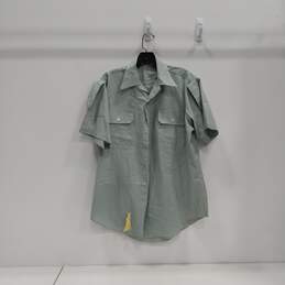 Mens Green Short Sleeve Collared Front Pocket Button Up Military Shirt Sz 151/2