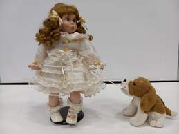 Vintage Porcelain Doll With Dog Nipping At Dress Skirt