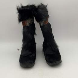 Bearpaw Womens Black Round Toe Mid Calf Goat Fur Winter Boots Size 8