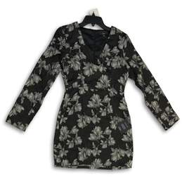NWT Lulus Womens Black Silver Floral V-Neck Long Sleeve Mini Dress Size XS