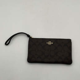 Womens Brown Black Leather Signature Inner Divider Zipper Wristlet Wallet