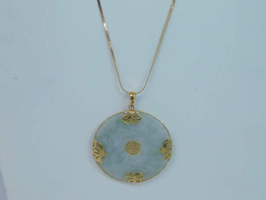 14K Yellow Gold Chinese Good Fortune Jade Disc Pendant Necklace 10.9g image number 2