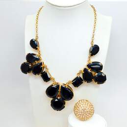 Kate Spade Designer Faceted Black Faux Gemstone Gold Tone Statement Necklace & Pave Rhinestone Domed Ring 136.9g
