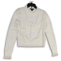 Womens White Knitted Ruffle Neck Long Sleeve Pullover Sweater Size Medium