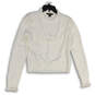 Womens White Knitted Ruffle Neck Long Sleeve Pullover Sweater Size Medium image number 1
