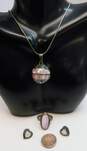 Romantic 925 Pink Mother of Pearl & Abalone Ball Chime Pendant Necklace Marcasite Heart Post Earrings & Shell Ring 26.7g image number 4