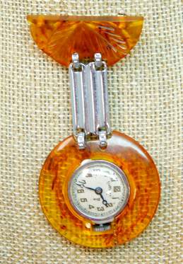Antique Art Deco Root Beer Bakelite Leaf Etched Brooch Pin Watch 17.5g