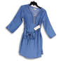NWT Womens Blue V-Neck Long Sleeve Belted Denim Shift Dress Size Small image number 1