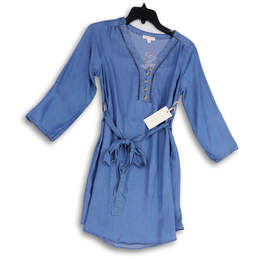 NWT Womens Blue V-Neck Long Sleeve Belted Denim Shift Dress Size Small