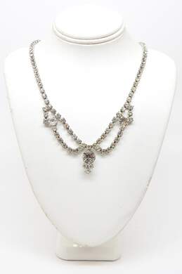 Vintage Icy Clear Rhinestone & Silver Tone Screw-Back Earrings Necklace & Flower Brooch 31.5g alternative image