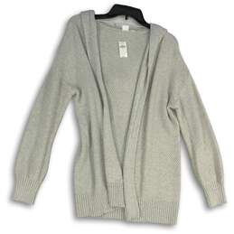 NWT Womens Gray Waffle Knit Hooded Open Front Cardigan Sweater Size M