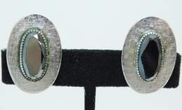 Vintage Whiting & Davis Co Silvertone Faceted Hematite Brushed Oval Clip On Earrings 12.8g