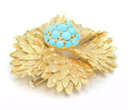 Vintage 18K Gold Mid Century Turquoise Cabochons Cluster Textured Petals Flower Brooch 18.6g alternative image