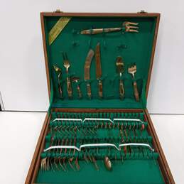81 Pc James Quality Jewellers Thailand Gold Tone Flatware Set in Wooden Case