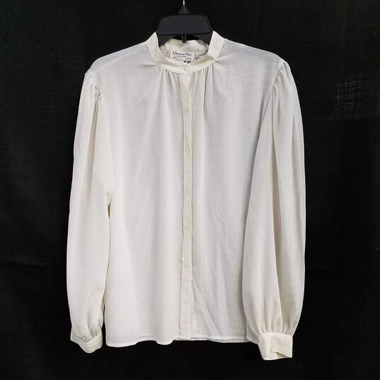 Christian Dior Womens Ivory Long Sleeve Round Neck Blouse Top Size 14 image number 1