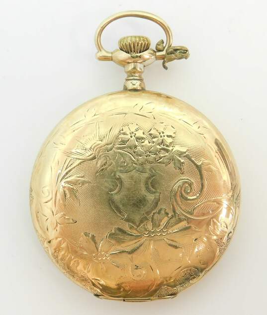 Antique Gold Filled E Bachmann Milwaukee 15 Jewels Etched Hunting Case Pocket Watch 70.9g image number 1