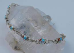 Zuni Artisan 925 Sterling Silver Turquoise Mother of Pearl & Coral Sunface Bracelet 5.5g alternative image