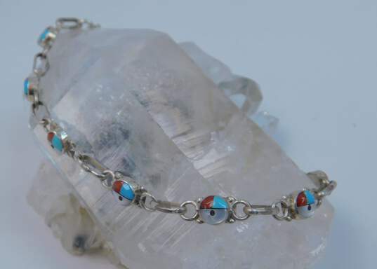 Zuni Artisan 925 Sterling Silver Turquoise Mother of Pearl & Coral Sunface Bracelet 5.5g image number 2