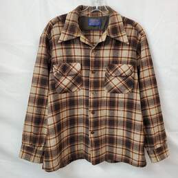 Pendleton Brown Wool Board Shirt Long Sleeve Button Plaid Size L