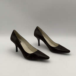 Womens Brown Leather Snakeskin Print Pointed Toe Slip-On Pump Heel Size 7.5