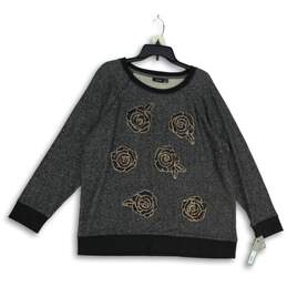 NWT Womens Gray Black Knit Sequin Round Neck Pullover Sweatshirt Size 1X
