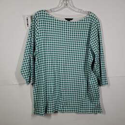 Womens Gingham Round Neck 3/4 Sleeve Pullover Blouse Top Size 1X 16W-18W