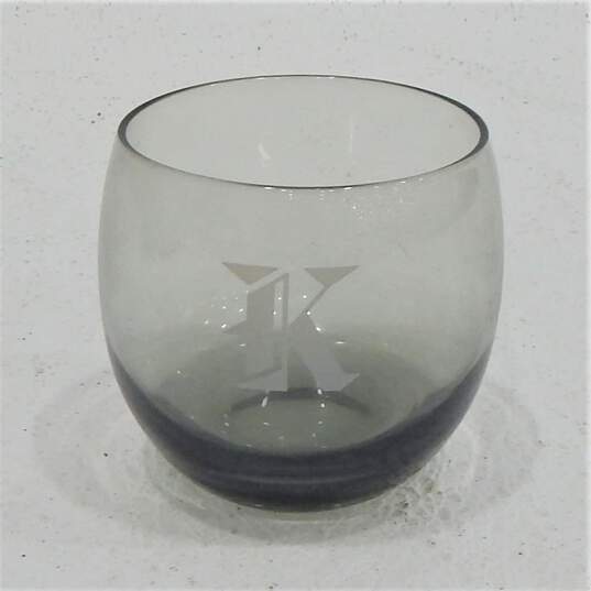 Vintage MCM Smoky Gray Glass Etched K Monogram Rocks Bar Glasses Set of 6 image number 7