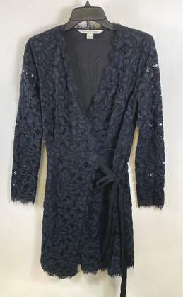 Diane Von Furstenberg Women Blue Long Sleeve Lace Wrap Dress Sz 6
