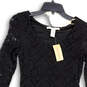NWT Womens Black Lace Floral 3/4 Sleeve Round Neck Shift Dress Size XS image number 3