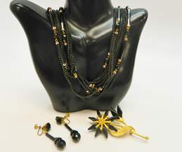 Vintage Goldtone West Germany Black Plastic Beaded & Multi Chains Necklace Glass Drop Screw Back Earrings & Brushed Texture Flowers Brooch