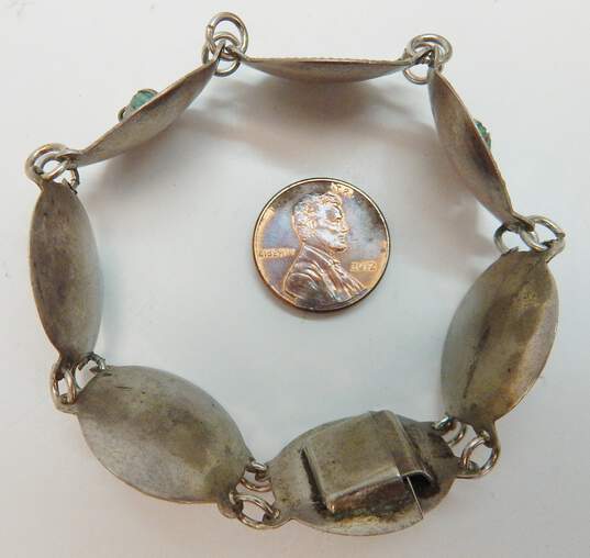 Vintage 900 Silver Emerald & Aztec Figural Concave Discs Linked Bracelet image number 9