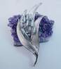 Vintage Brushed Silver Tone Grey Faux Pearl Rhinestone Floral Spray Brooch & Clip Earrings Set 39.3g image number 2